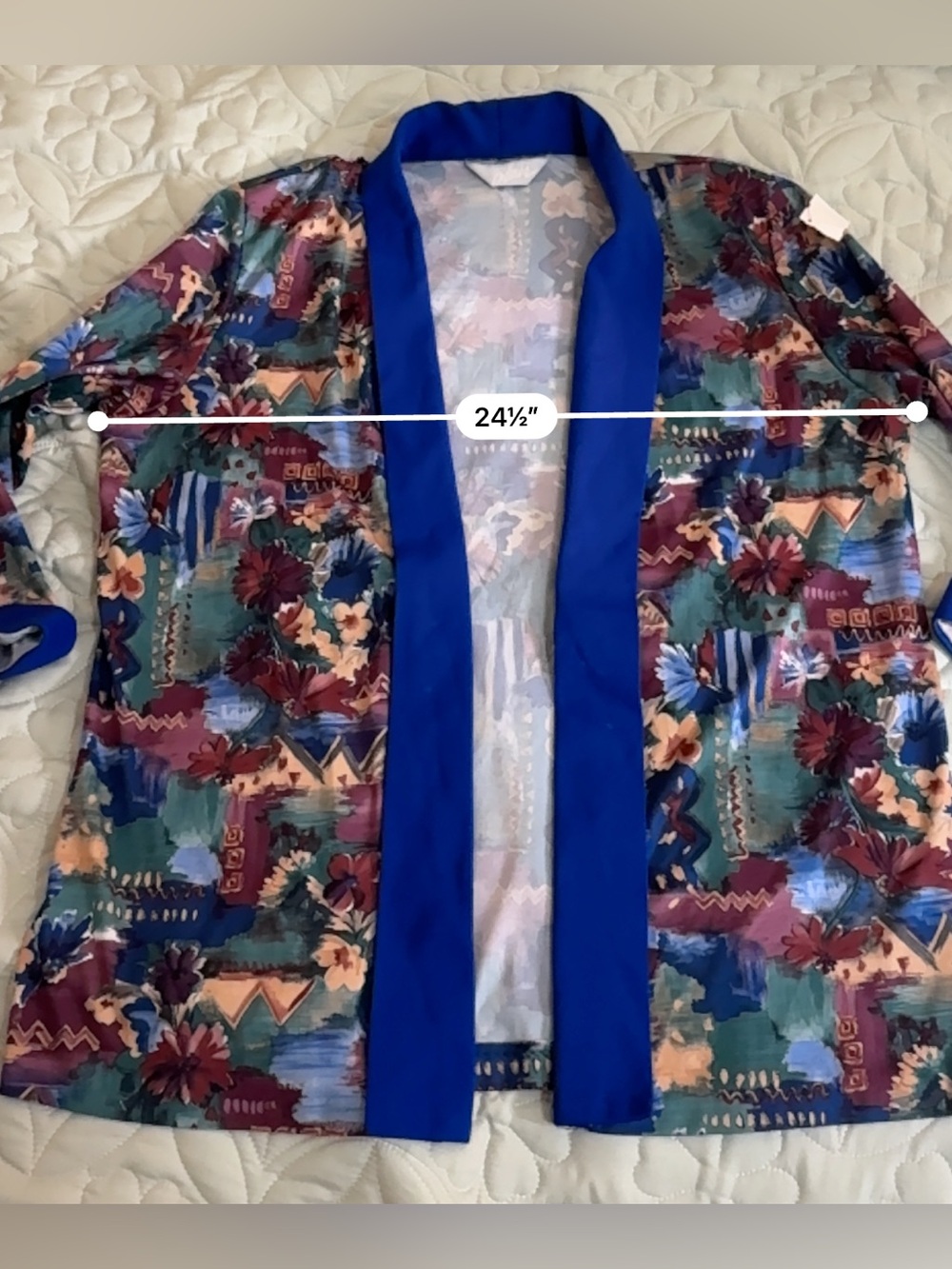 Blair Vintage Floral Open Front Jacket Blazer Blue Trim Oversized L - Picture 6 of 7